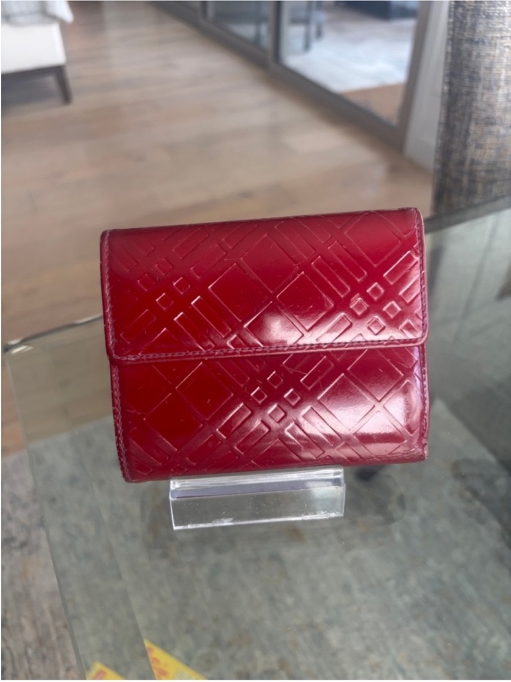 Burberry Red Embossed Leather Compact Wallet